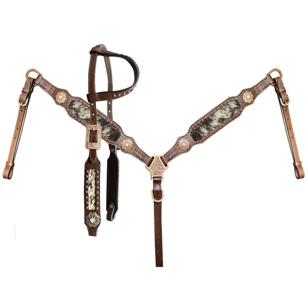 Showman Black & White Hair on Cowhide Single Ear Headstall and Breastcollar Set