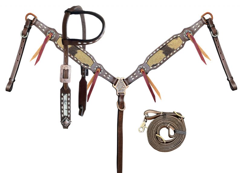 Showman Black  White hair on cowhide inlay Single Ear Headstall and Breast Collar Set