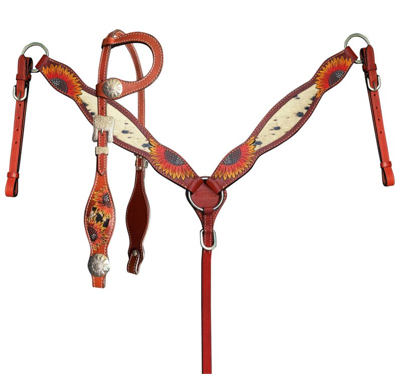 Showman Medium Oil Painted Sunflower One Ear Headstall & Breast Collar Set with Hair on Cowhide