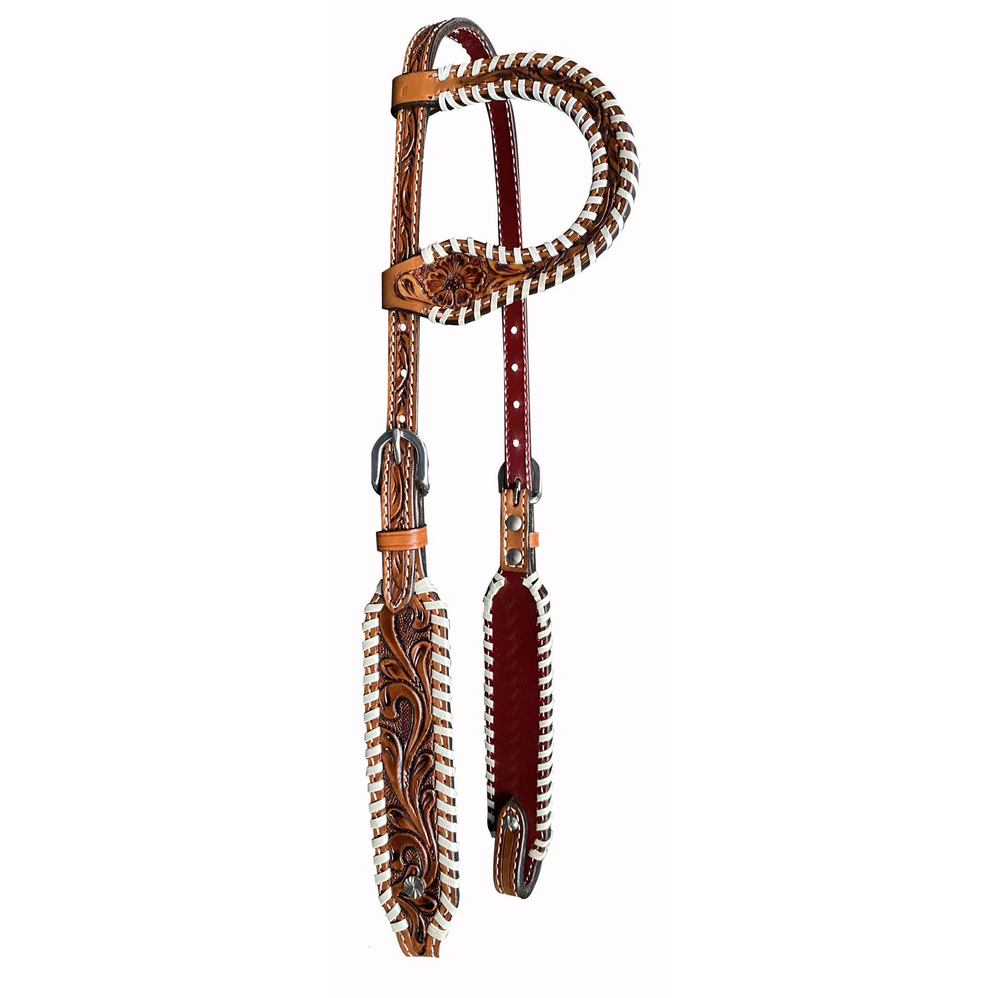 Showman Floral Tooled One Ear Leather Headstall with Rawhide Whipstitching