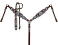 Showman Pink and Teal Beaded One Ear Headstall and Breastcollar Set with bling conchos