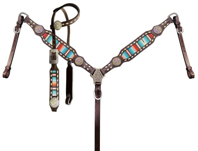 Showman Serape Southwest Print One Ear Headstall and Breastcollar Set with bling conchos
