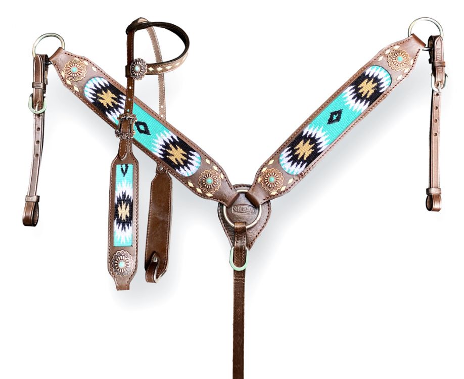 Showman Browband Headstall  Breast collar set with wool southwest blanket inlay and white buckstitch accents