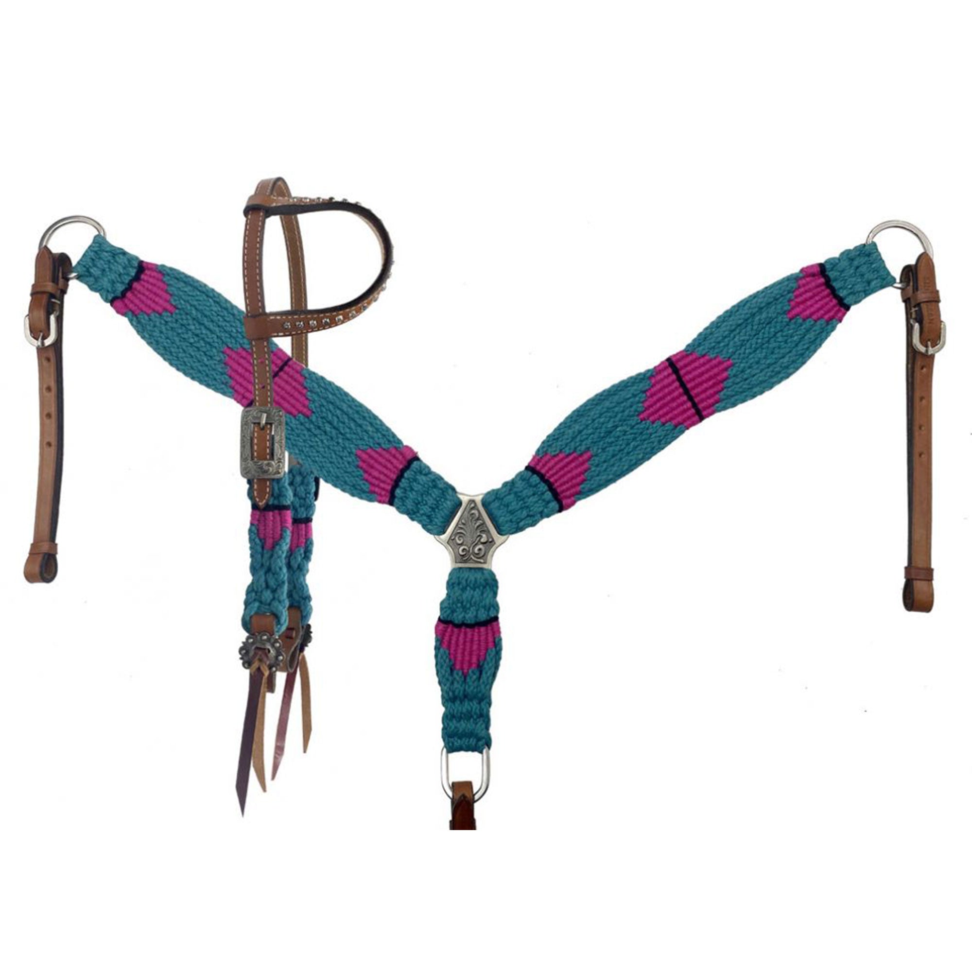 Showman Corded One Ear Headstall & Breastcollar Set - Teal and Pink