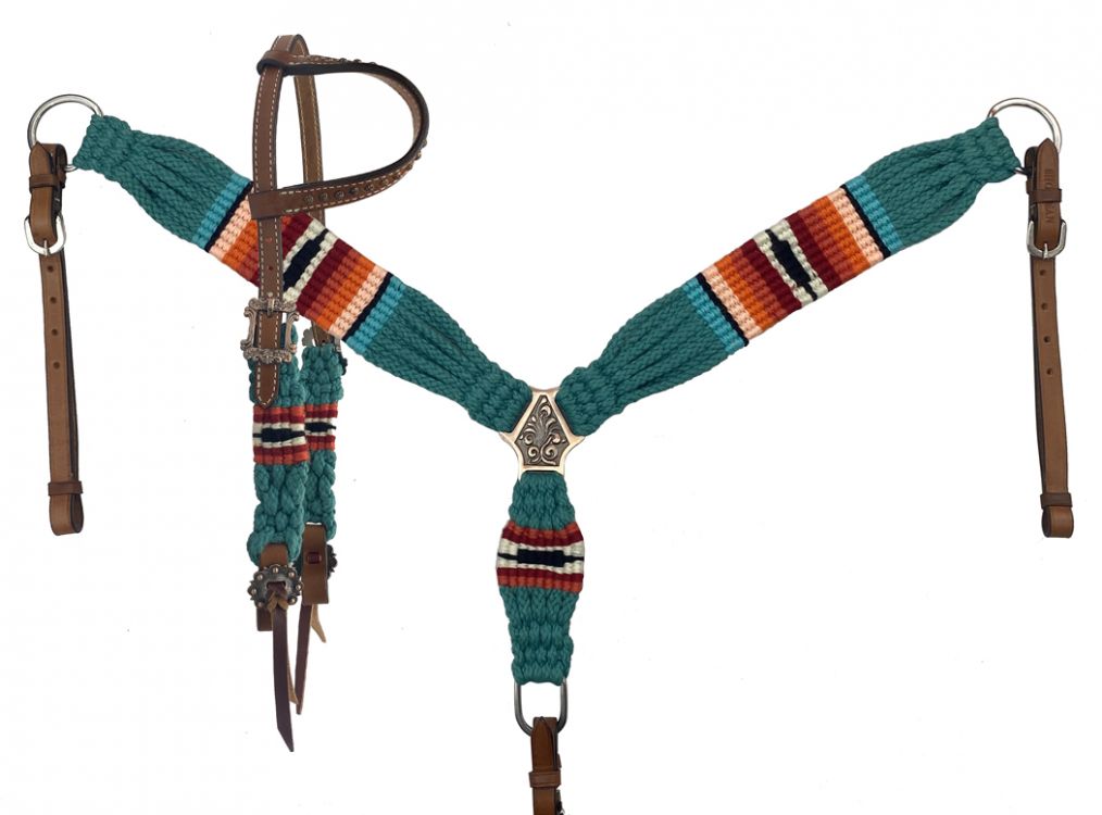 Showman Corded One Ear Headstall  Breast collar set - teal, orange, and red