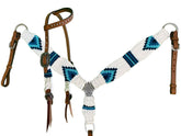 Showman Pony Size Corded One Ear Headstall & Breast collar set - white and teal
