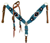 Showman Pony Size Corded One Ear Headstall  Breast collar set - turquoise, black, and white