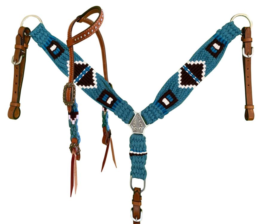 Showman Pony Size Corded One Ear Headstall  Breast collar set - turquoise, black, and white