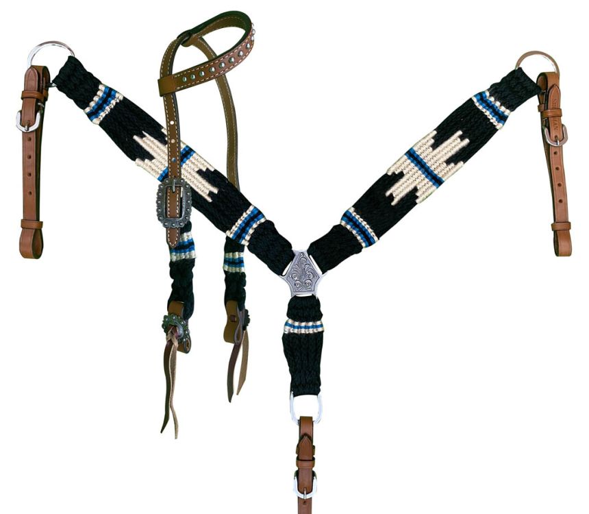 Showman Pony Size Corded One Ear Headstall  Breast collar set - Black, white, and blue