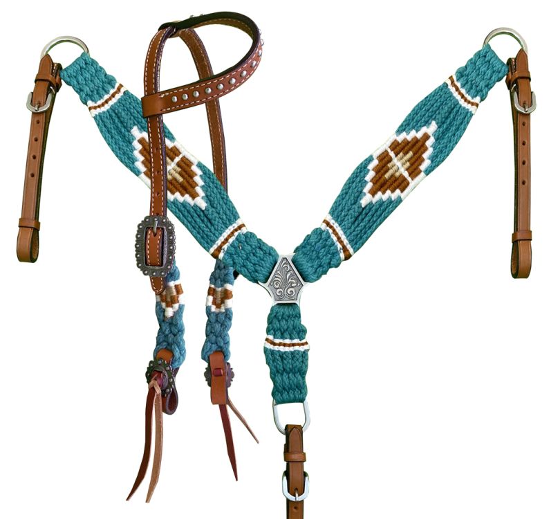 Showman Pony Size Corded One Ear Headstall  Breast collar set - Teal and Brown