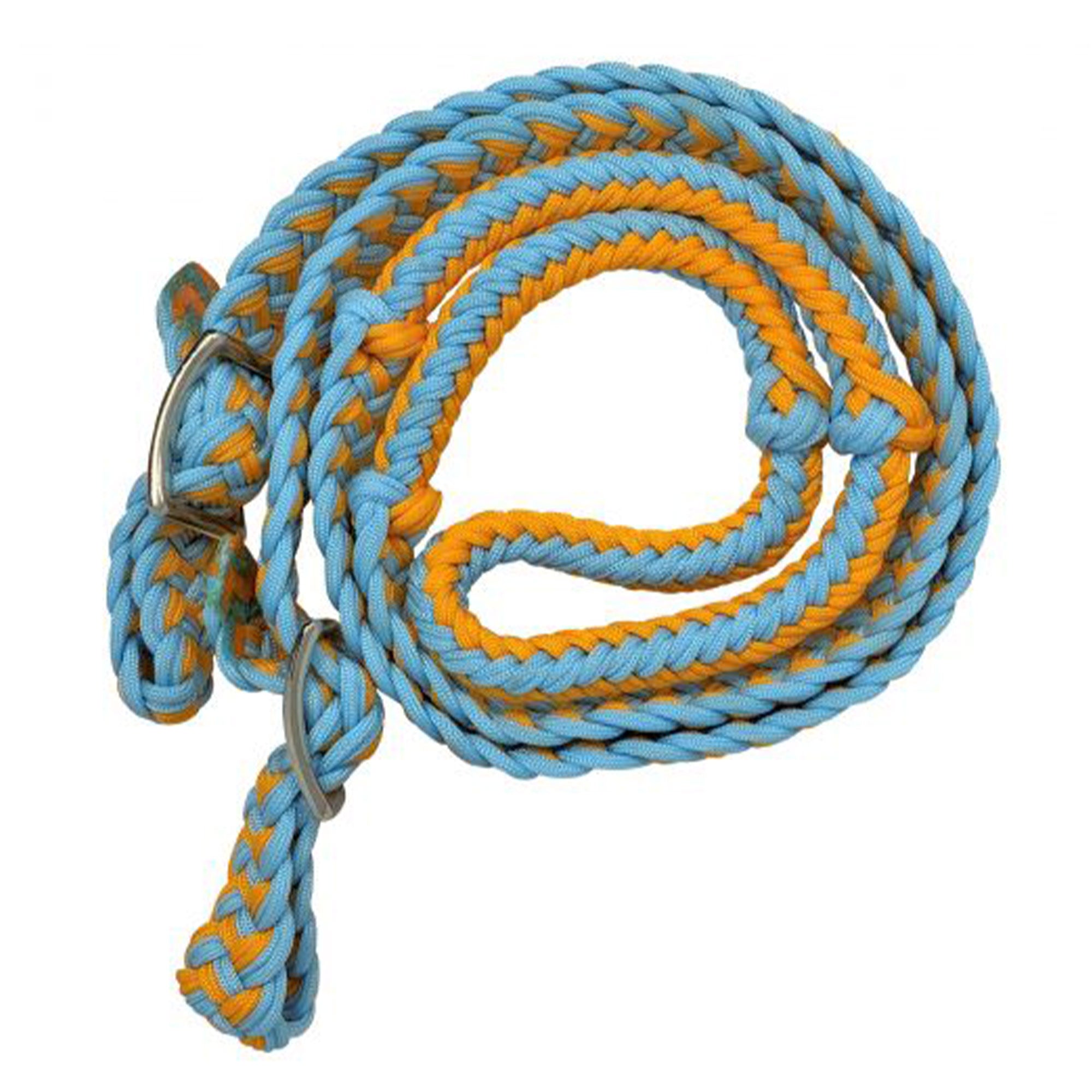 Showman Braided Nylon Barrel Reins with Easy Grip Knots - Yellow and Light Blue