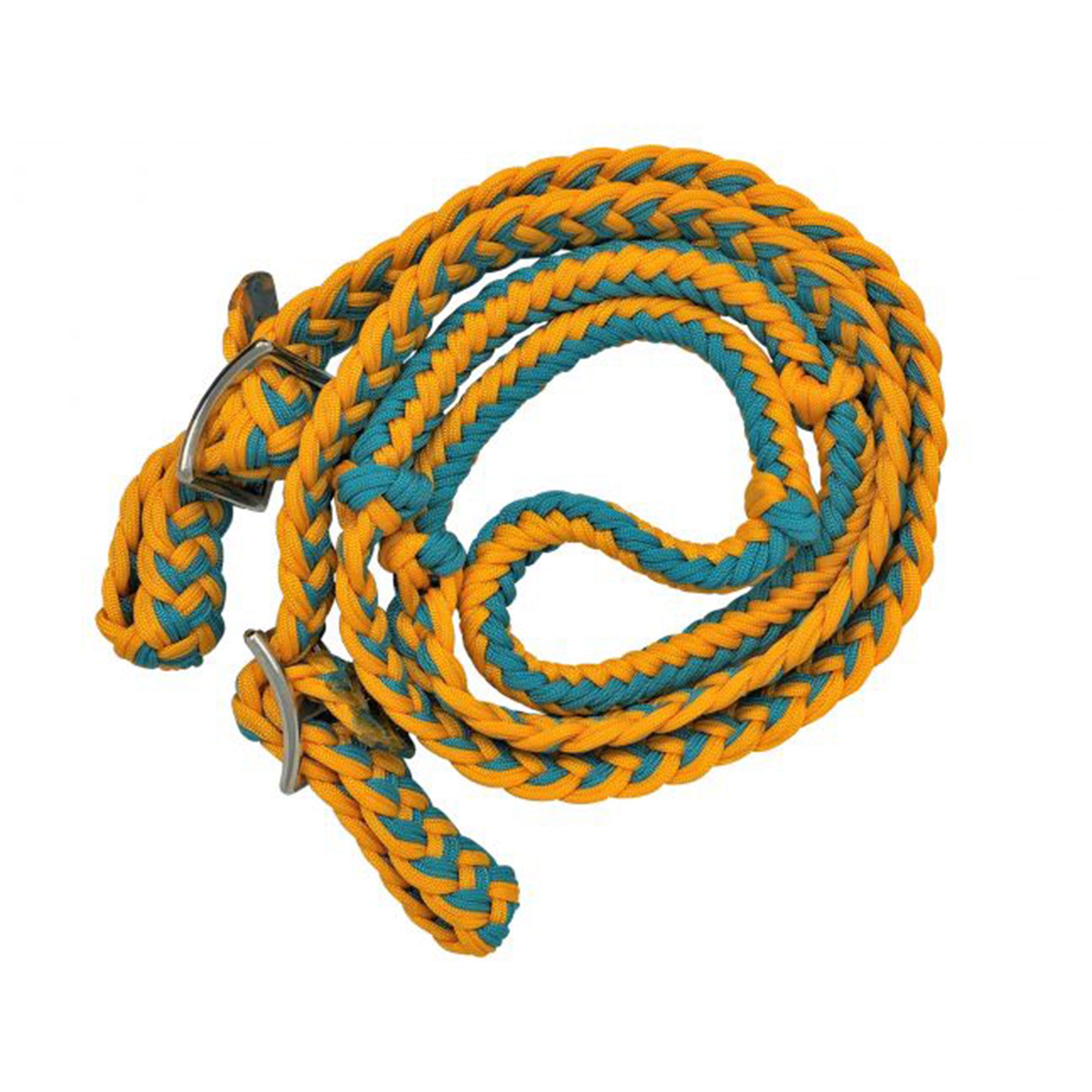 Showman Braided Nylon Barrel Reins with Easy Grip Knots - Yellow and Teal