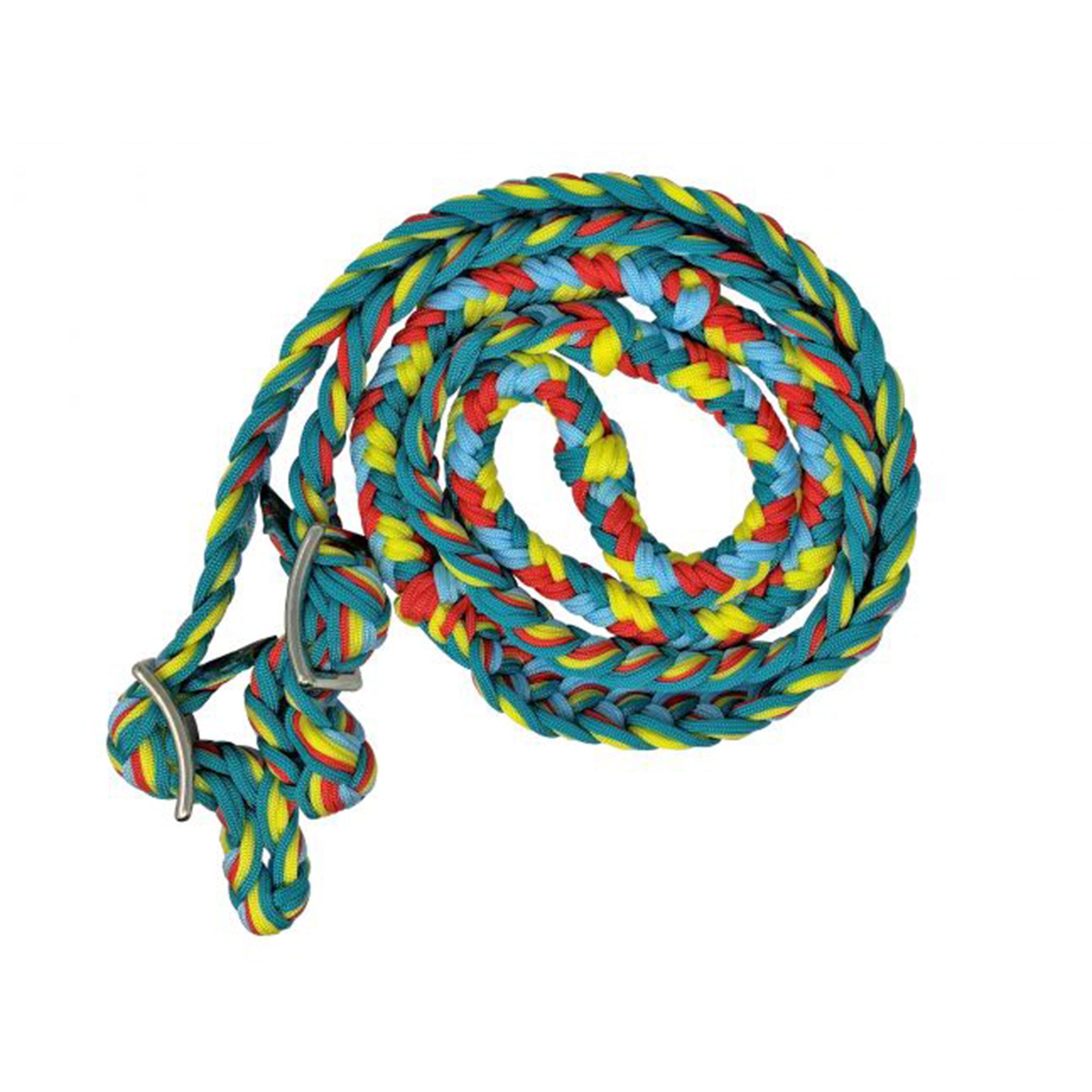 Showman Braided Nylon Barrel Reins with Easy Grip Knots - Teal, Lime, and Turquoise