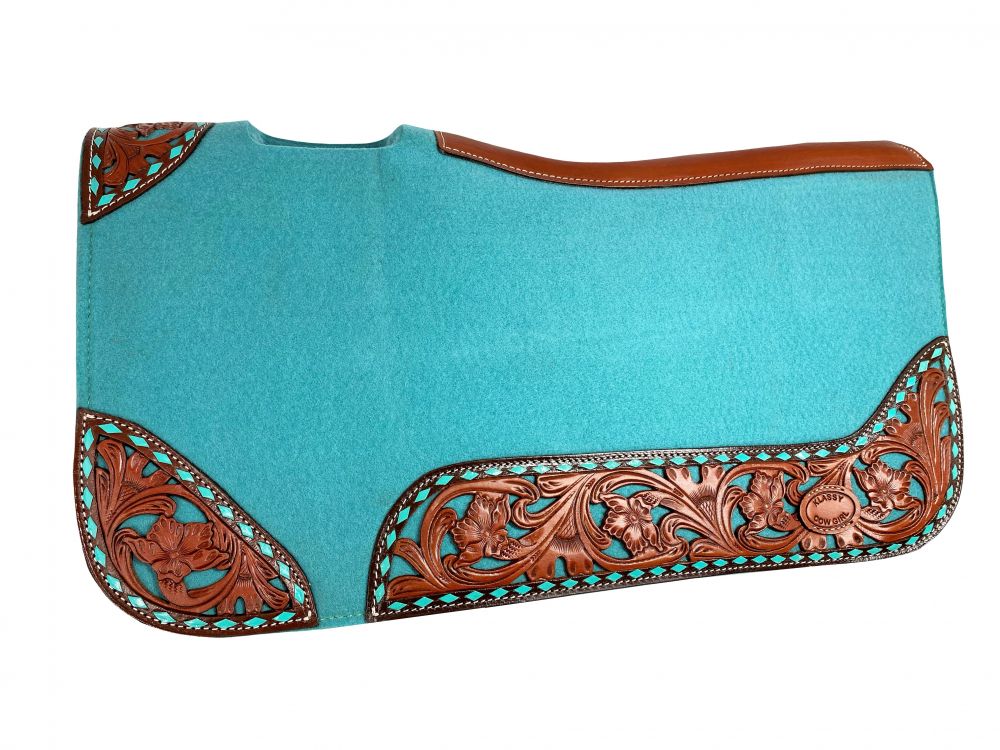 Klassy Cowgirl 28" x 30" x 1" Teal Felt Pad with Vented Wither and Tooled Cutout