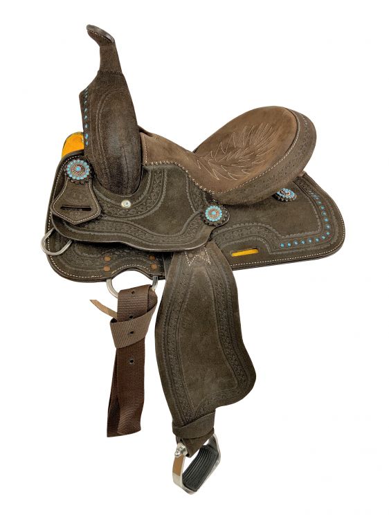 12" Double T Barrel style saddle with Teal concho accents