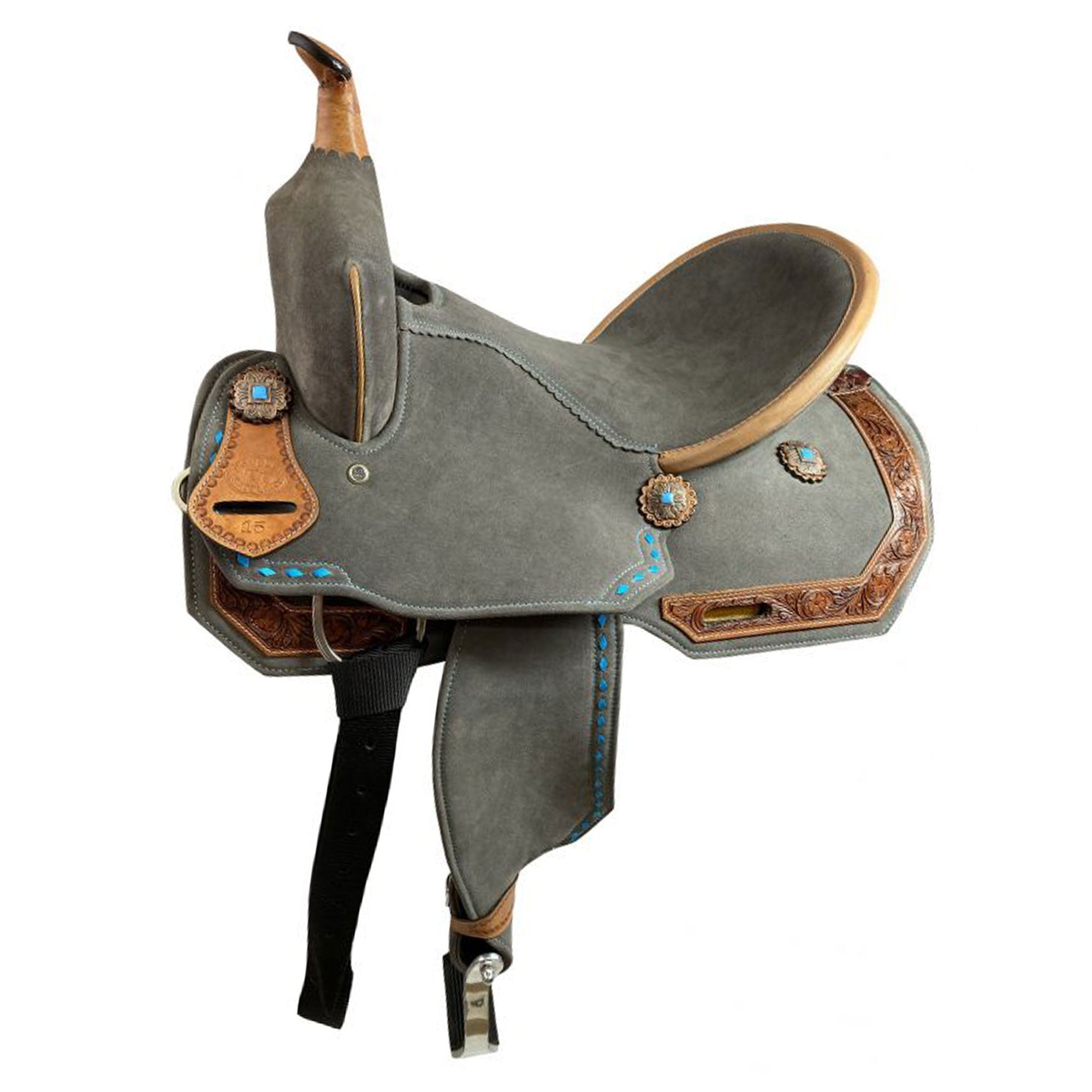 Double T Gray Suede Barrel Style Saddle with Teal Buckstitch - 15 Inch