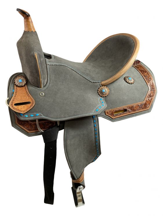 15" Double T Gray Suede Barrel Style Saddle With Teal Buckstitching