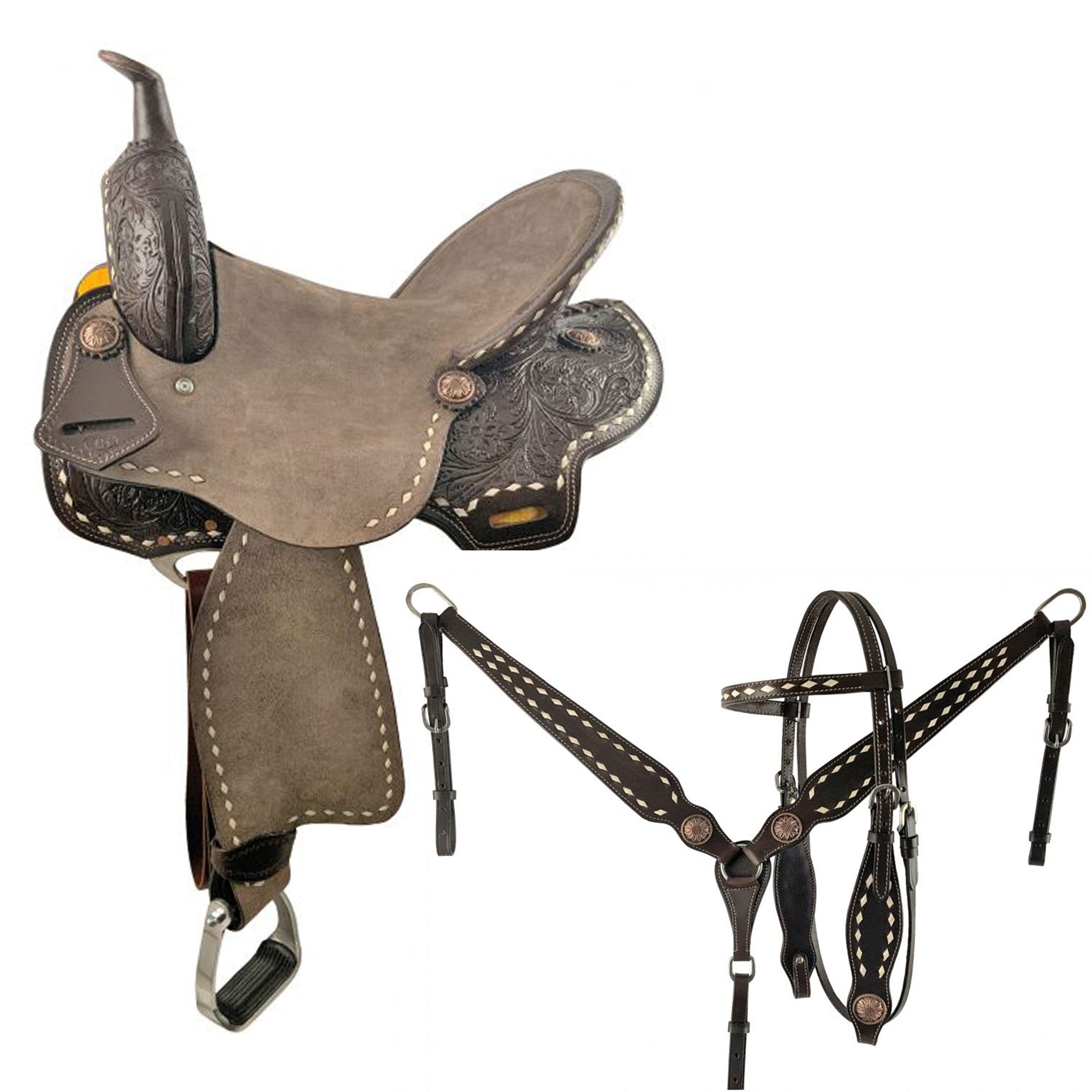 Double T Barrel Style Saddle Set with Floral Tooled Skirts - 15, 16 Inch