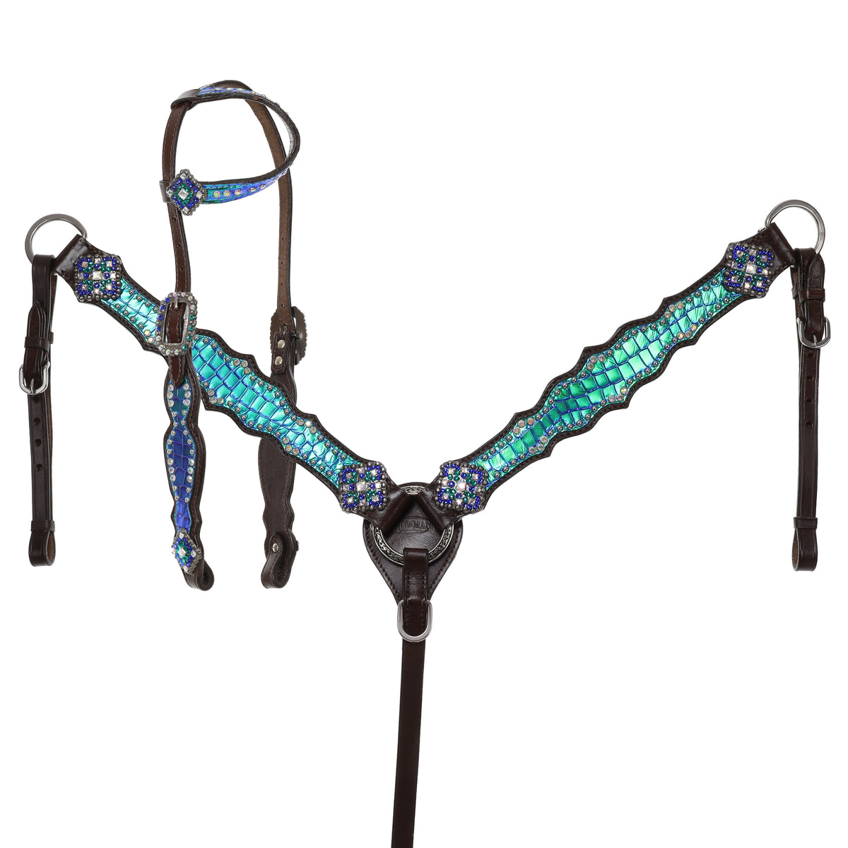 Showman Limited Edition Neon Gator One Ear Headstall and Breastcollar Set - Teal Purple