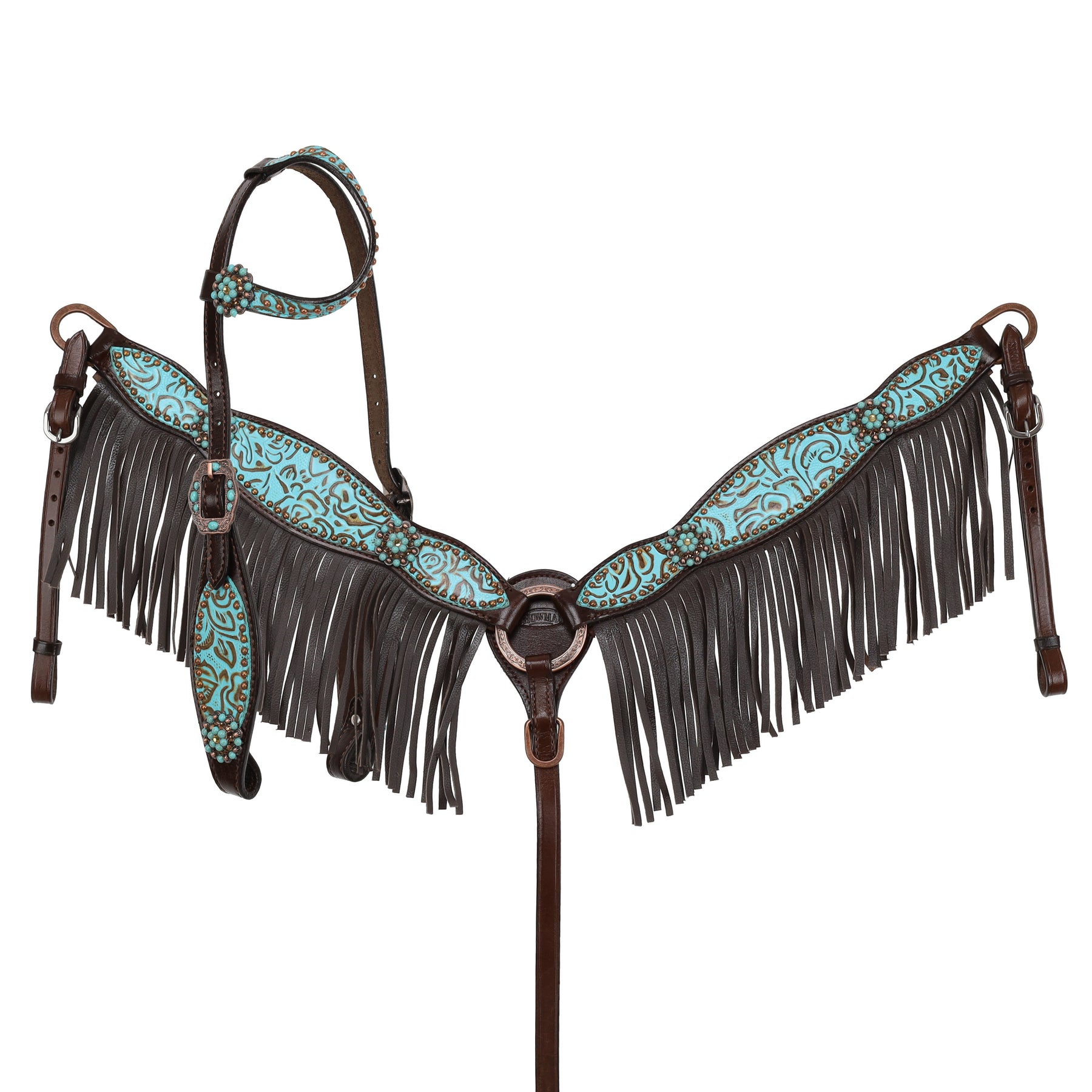 Showman Limited Edition Teal Rose One Ear Headstall and Breastcollar Set with Fringe