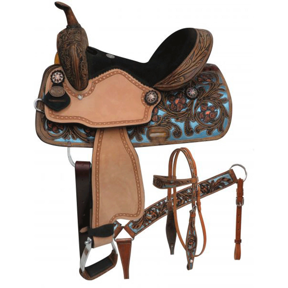 Double T Barrel Style Saddle Set with Metallic Painted Tooling - 14, 15 Inch