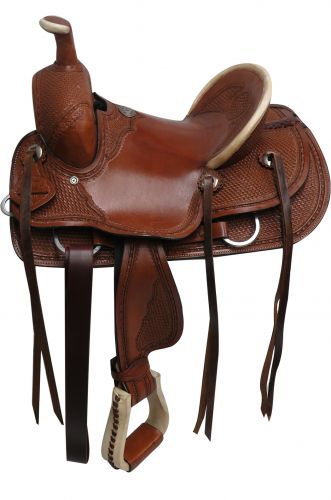 12", 13" Double T hard seat roper style saddle with basket tooling