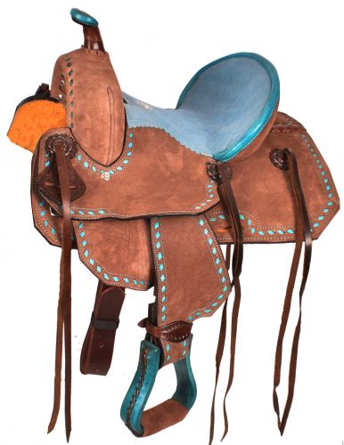 10" Double T Youth Barrel style saddle with turquoise seat