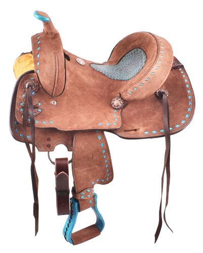 12", 13" Double T Roughout Barrel Style Saddle with turquoise alligator seat