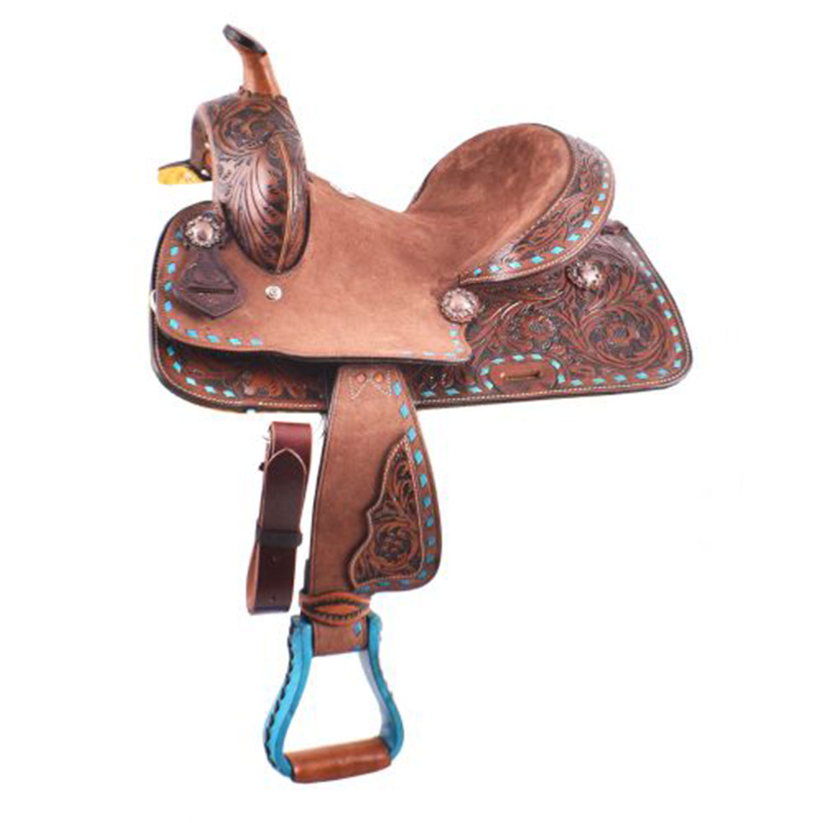 Double T Pony Hard Seat Barrel Style Saddle with Turquoise Buckstitch - 10 Inch