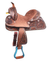 10" Double T Pony hard seat barrel style saddle with turquoise buckstitch trim