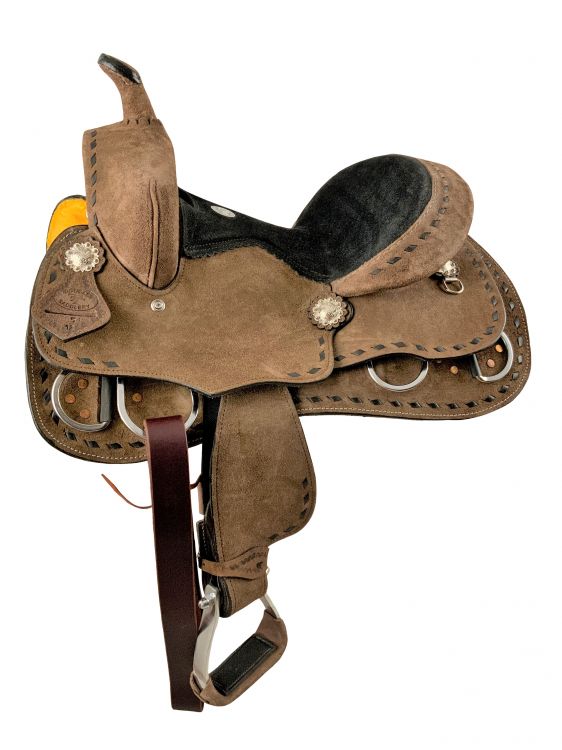 12" Double T Youth Pleasure style saddle with black suede seat and buckstitch trim
