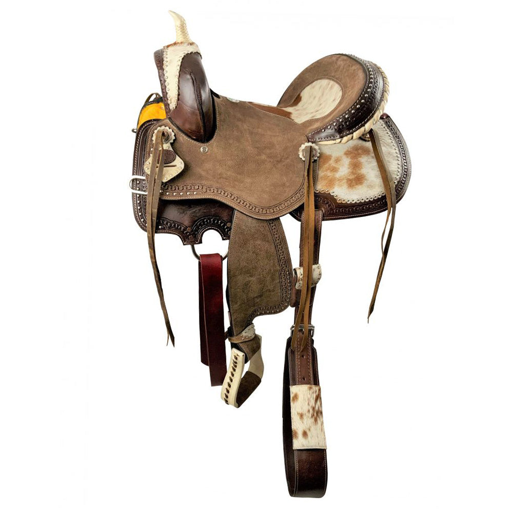 Double T Dark Oil Hard Seat Barrel Style Saddle with Hair on Cowhide Accents - 14, 15, 16 Inch