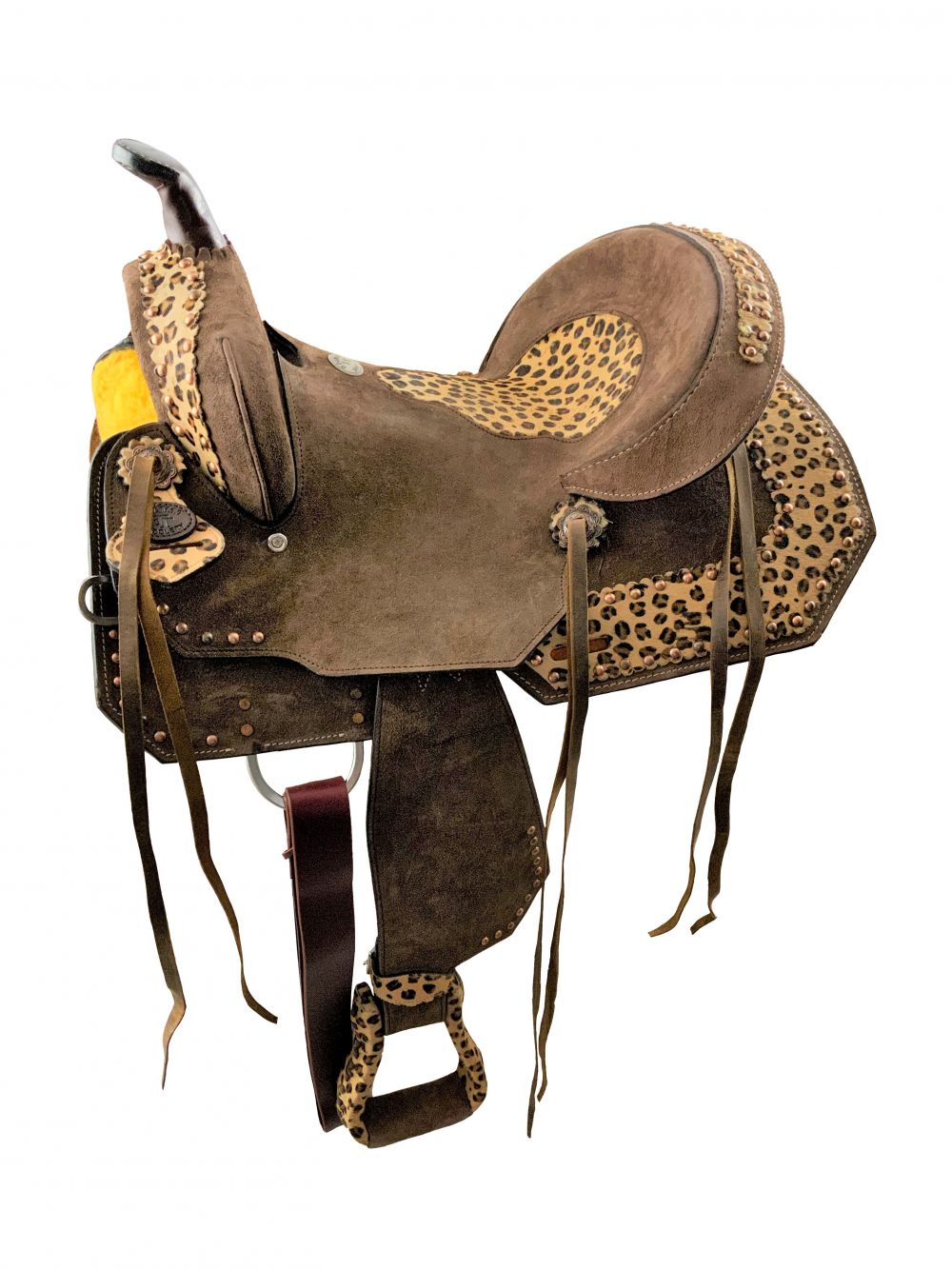 14", 15", 16" Double T Hard Seat Barrel style saddle with Cheetah Seat