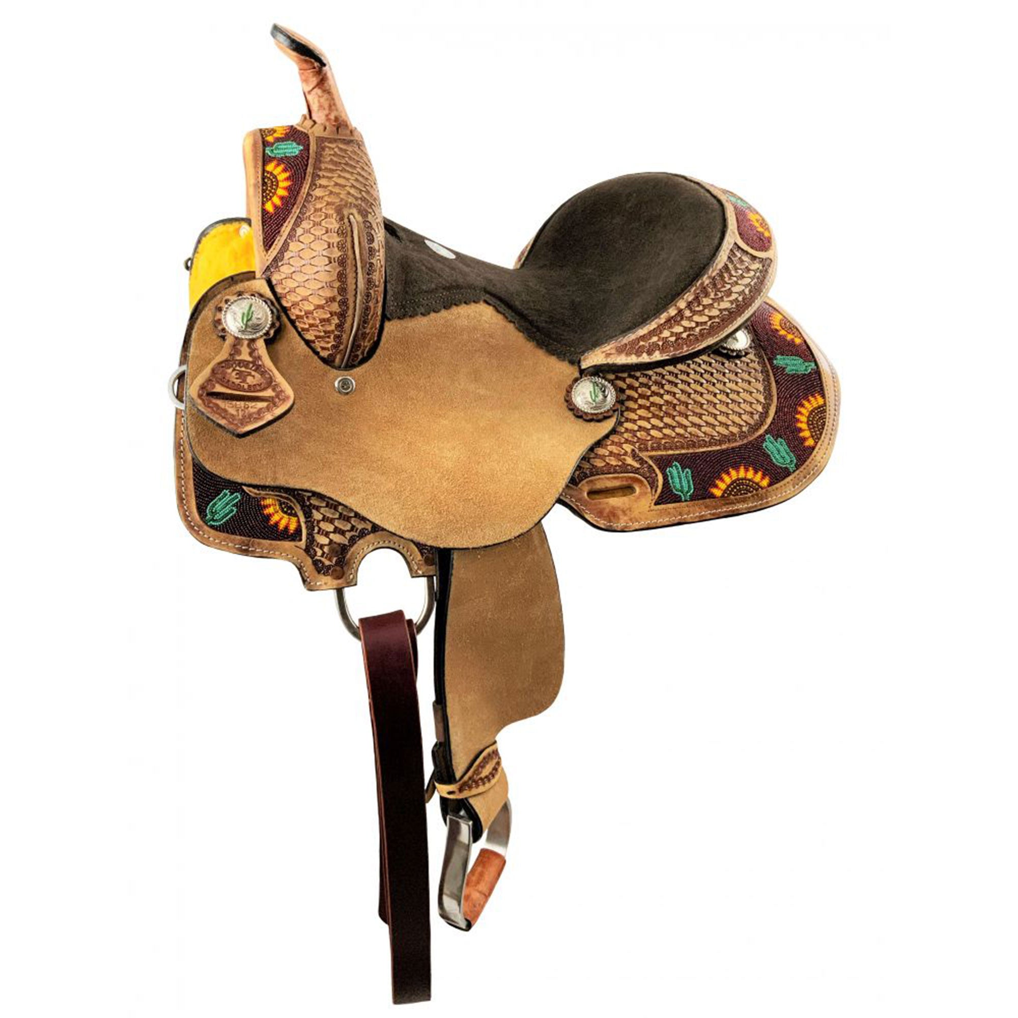 Double T Cactus Bloom Youth Hard Seat Barrel Style Saddle - 10 Inch