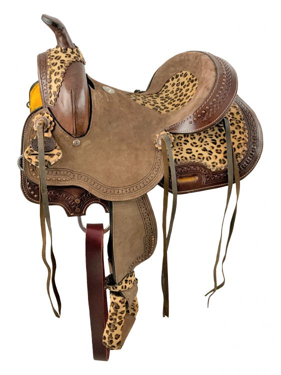10" Double T Hard Seat Barrel style saddle with Cheetah Seat and leather tassels