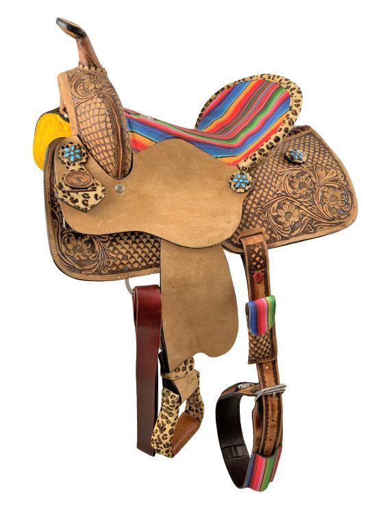 15" Double T Barrel style western saddle with Serape & Cheetah Accents