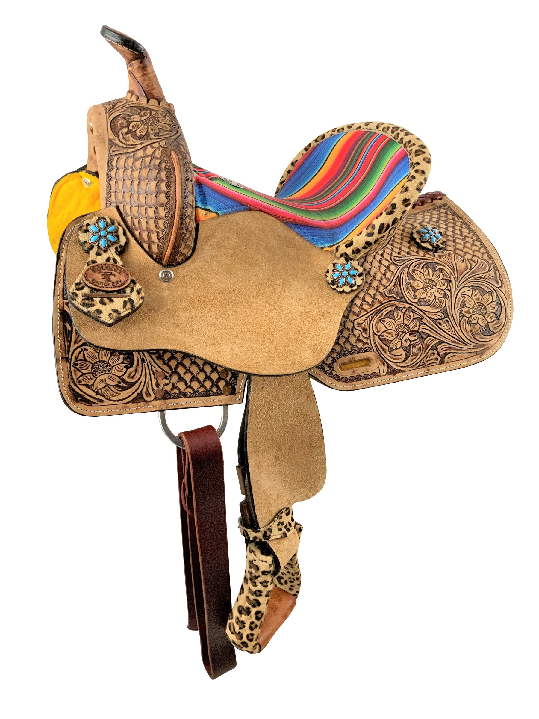 10" Double T Barrel style western saddle with Serape & Cheetah Accents