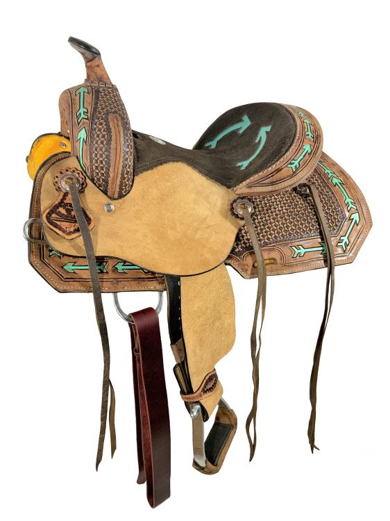 12" Double T Youth Hard Seat Western saddle with teal arrow Accents