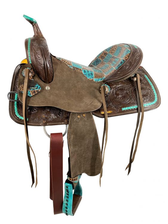 15" Double T Barrel style saddle with teal gator patchwork pattern