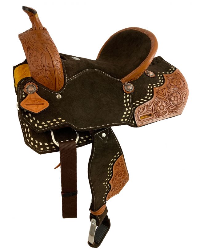 15" Double T Brown Suede Barrel Saddle With Floral Tooling and White Buckstitching