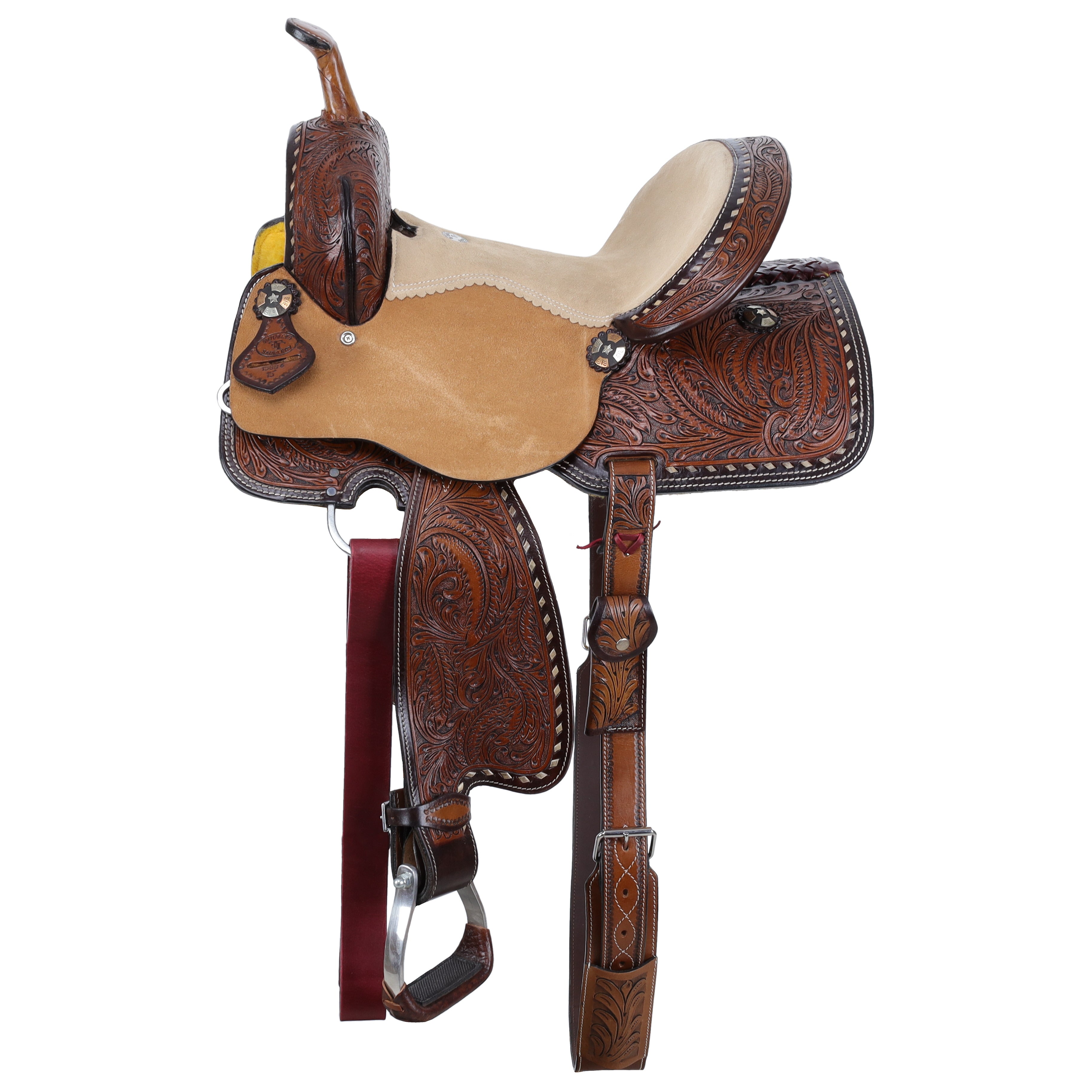 Double T Feathered Buckskin Barrel Style Saddle - 15 Inch