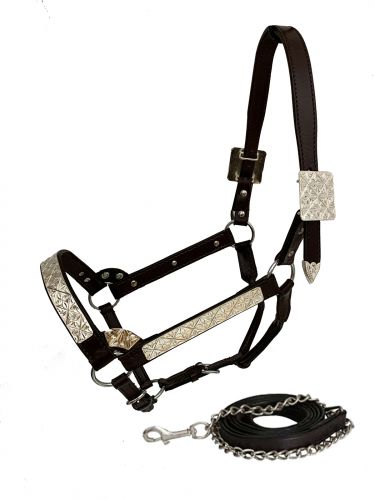Showman Horse Size double stitched leather show halter with floral engraved silver plates
