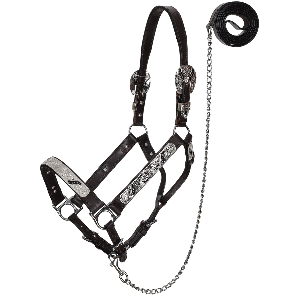 Showman Silver & Black Scroll Leather Show Halter with Lead - Average