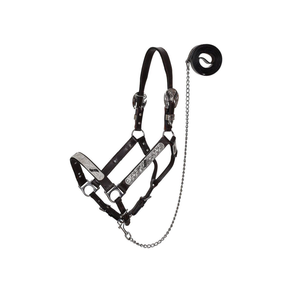 Showman Silver & Black Scroll Leather Show Halter with Lead - Mini