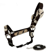 Showman Yearling Size double stitched leather show halter with engraved silver plates accented with black scroll inlays