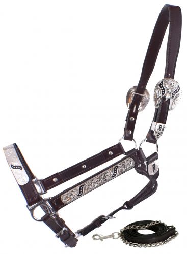 Showman Horse Size double stitched leather show halter with engraved silver plates accented with black scroll inlays