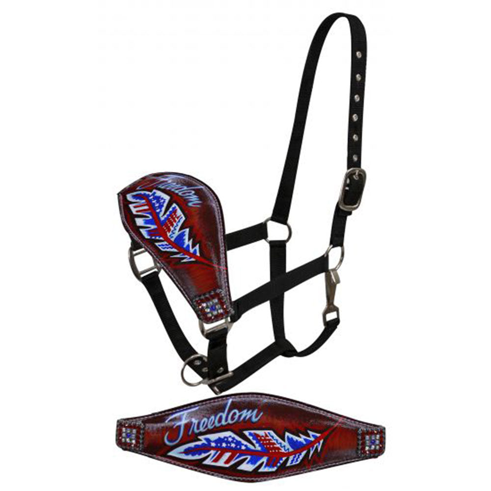 Showman FULL SIZE Leather bronc halter with painted " Freedom" design