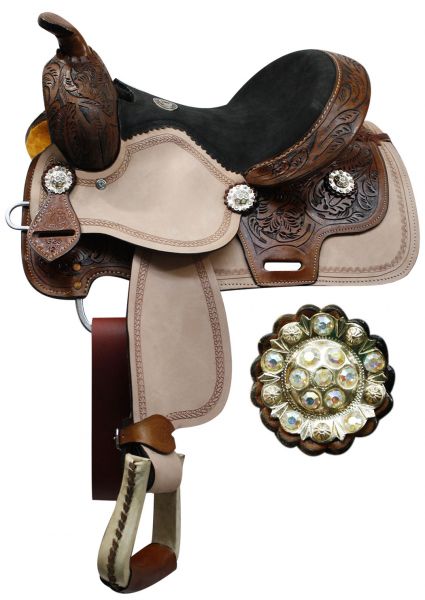 12" Double T youth saddle with floral tooled pommel, cantle, and skirt