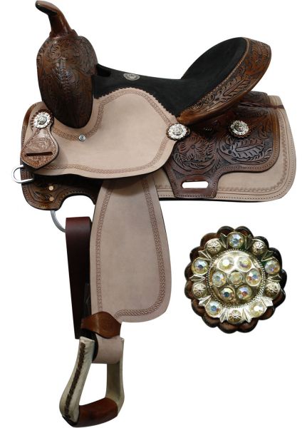 13" Double T youth saddle with floral tooled pommel, cantle, and skirt
