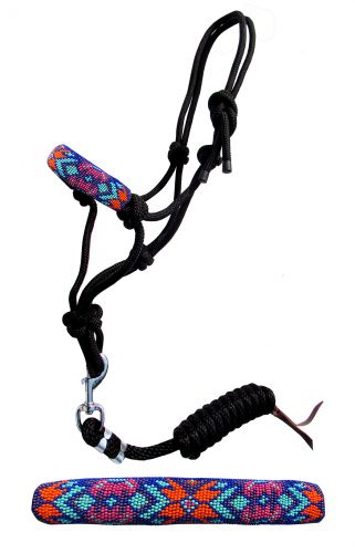 Showman Pony size rope halter with beaded noseband and removable lead with snap